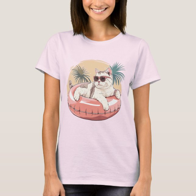Camiseta gato vestindo óculos escuros em um anel de natação (Frente)