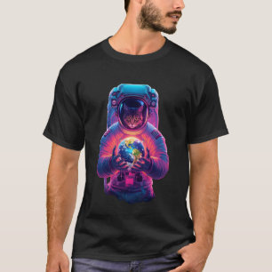 Camiseta Gato Viajando pela Lua Segurando a Terra nas Mãos
