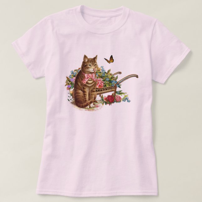 Camiseta Gato Vintage e Rosas Rosa (Frente do Design)