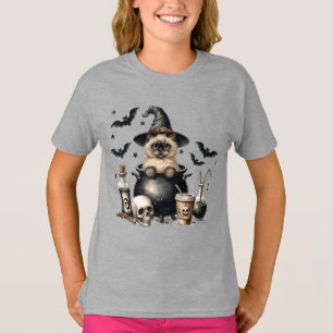 Camiseta Gato Vintage Fofo em um Halloween de Caldeirão
