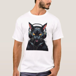 Camiseta gato zangado com fones de ouvido e gato zangado