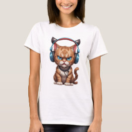 Camiseta gato zangado com fones de ouvido e gato zangado
