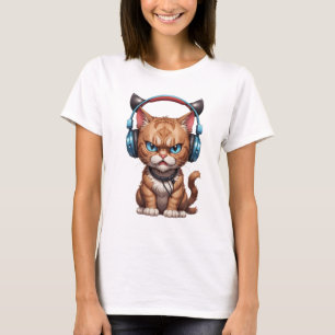 Camiseta gato zangado com fones de ouvido e gato zangado