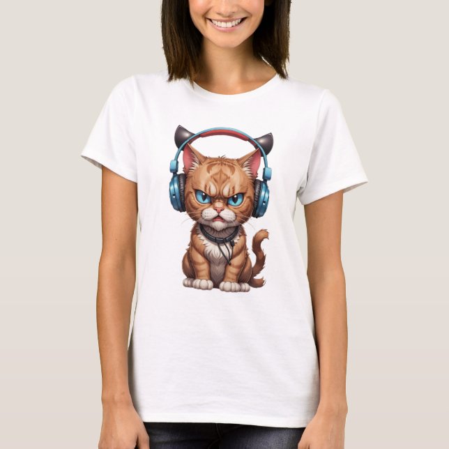 Camiseta gato zangado com fones de ouvido e gato zangado (Frente)