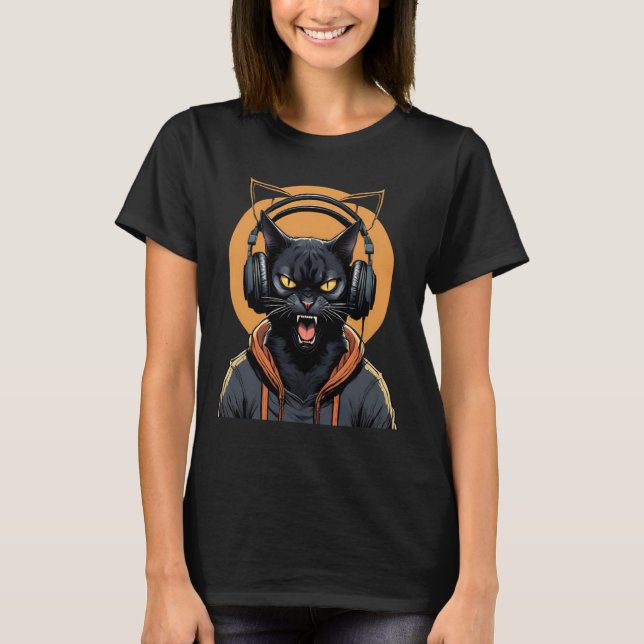 Camiseta gato zangado com fones de ouvido e gato zangado (Frente)