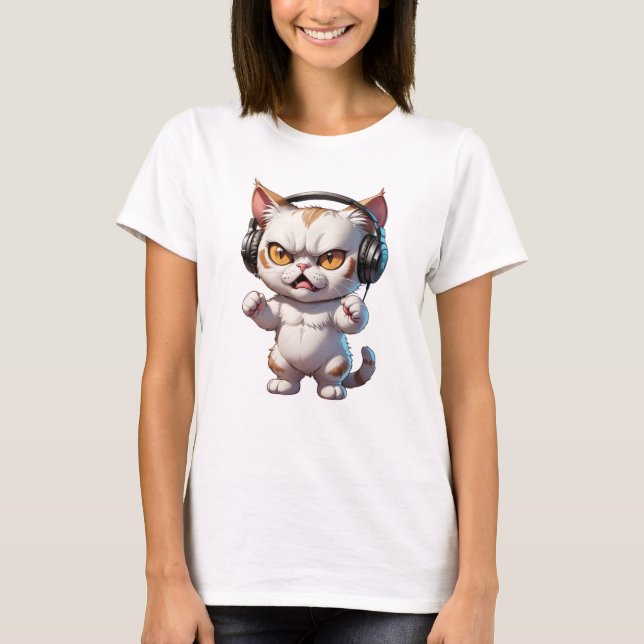 Camiseta gato zangado com fones de ouvido e gato zangado (Frente)
