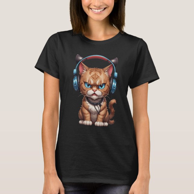 Camiseta gato zangado com fones de ouvido e gato zangado (Frente)