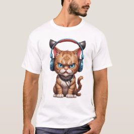 Camiseta gato zangado com fones de ouvido e gato zangado
