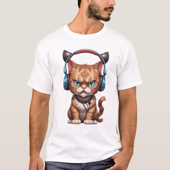 Camiseta gato zangado com fones de ouvido e gato zangado (Frente)