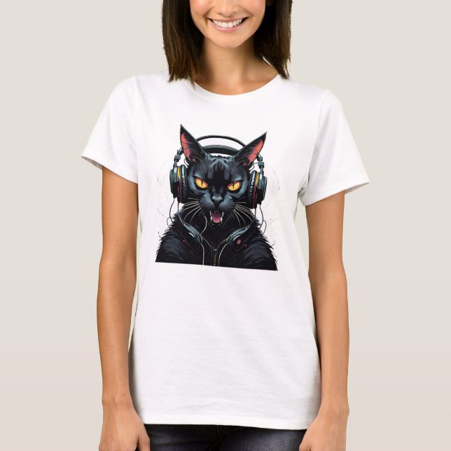 Camiseta gato zangado com fones de ouvido e gato zangado (Frente)