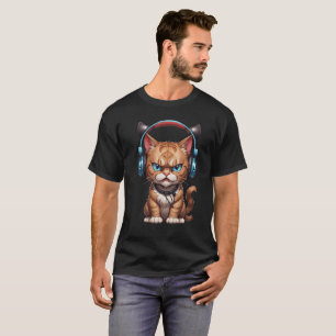 Camiseta gato zangado com fones de ouvido e gato zangado