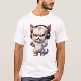 Camiseta gato zangado com fones de ouvido e gato zangado