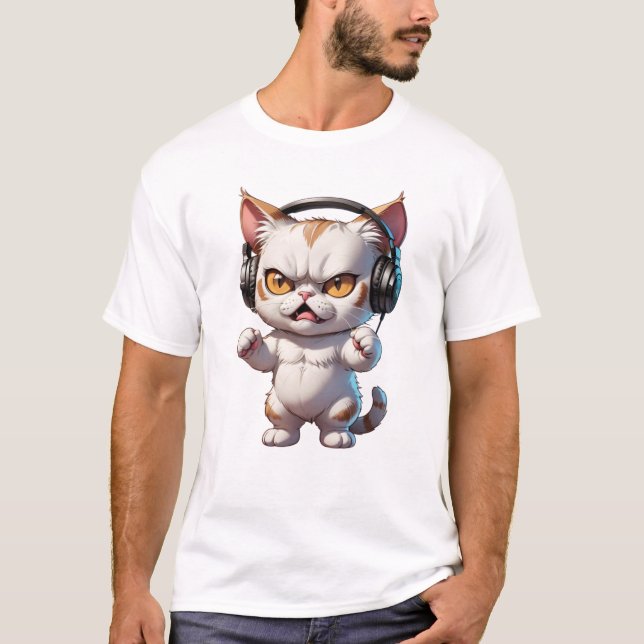 Camiseta gato zangado com fones de ouvido e gato zangado (Frente)