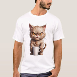 Camiseta Gato zangado com uma caneca de café, um gato engra