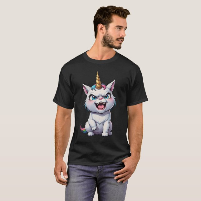 Camiseta Gato zangado e monocórnico gato engraçado (Frente Completa)