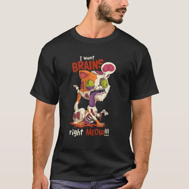 Camiseta Gato Zombie Eu Quero Cérebros Mesmo Mentira Hallow (Frente)