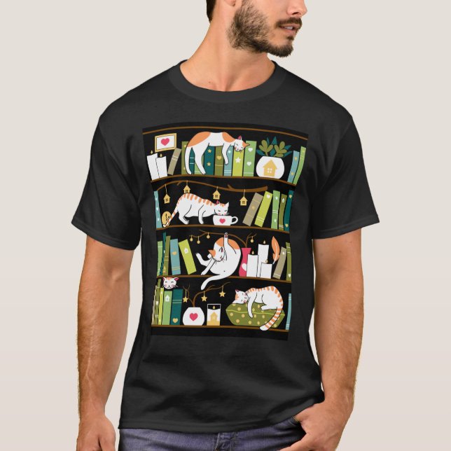 Camiseta Gatos-biblioteca - gatos-do-mar nas prateleiras do (Frente)