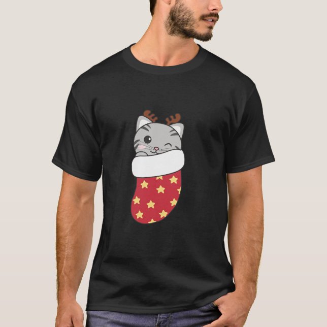 Camiseta Gatos Bonitos Na Meia De Natal Para Gato De Natal (Frente)