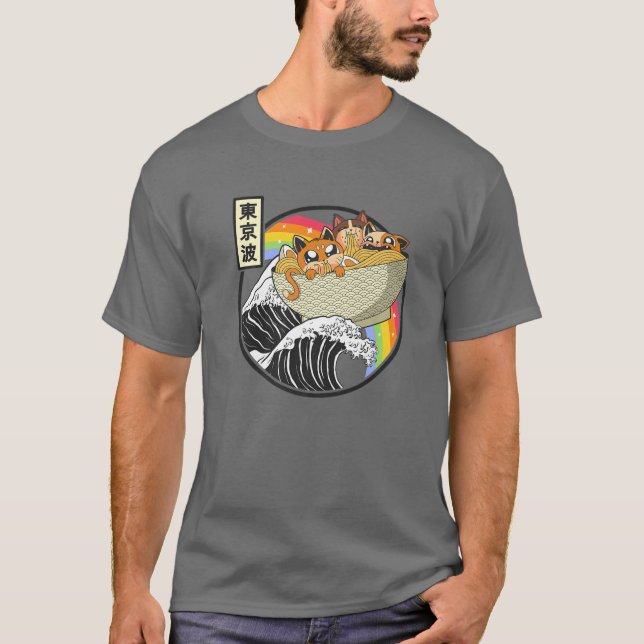 Camiseta Gatos Cachorros Comendo Ramen Kanagawa Wave Animes (Frente)