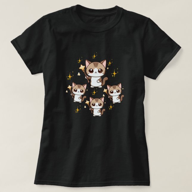 Camiseta Gatos Cachorros Segurando Estrelas de Guerra Mágic (Frente do Design)