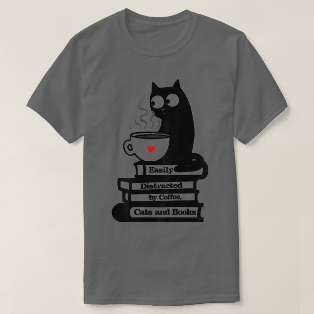 Camiseta Gatos, café e livros facilmente distraídos369 (Frente do Design)