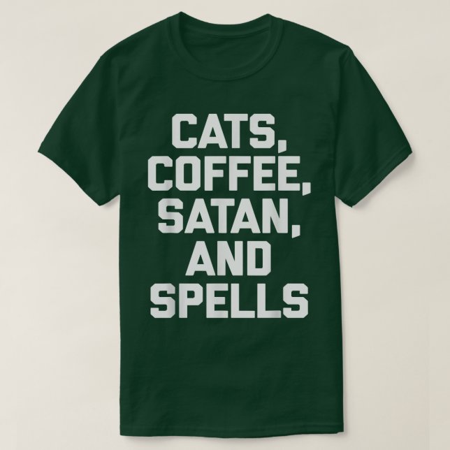 Camiseta Gatos, Café, Satã E Feiticeira Engraçada (Frente do Design)
