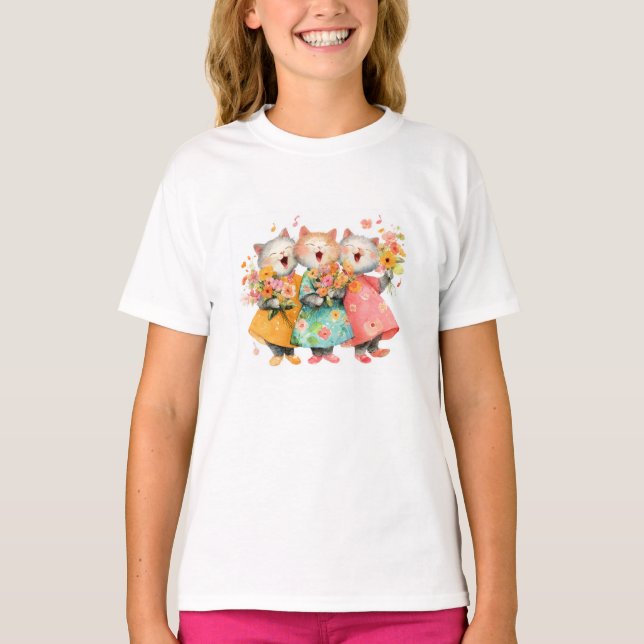 Camiseta Gatos Cantores Segurando Ramalhetes (Frente)