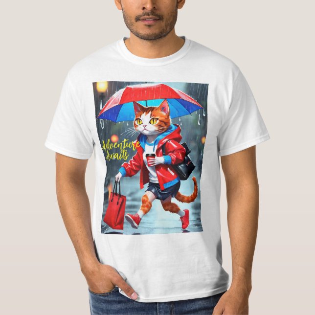 Camiseta gatos correndo na chuva com t-shirt de guarda-chuv (Frente)