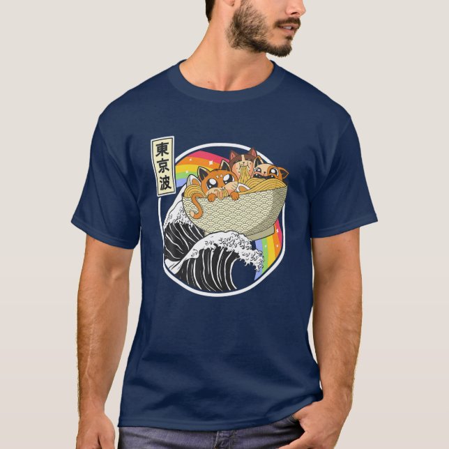 Camiseta Gatos Cujos Comendo Ramen Kanagawa Onda Rainbow Ka (Frente)