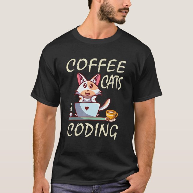 Camiseta Gatos de Café e Programador de Codificação (Frente)