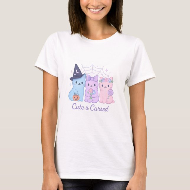 Camiseta Gatos de Dia das Bruxas de Kawaii, Bonitos e Maldi (Frente)