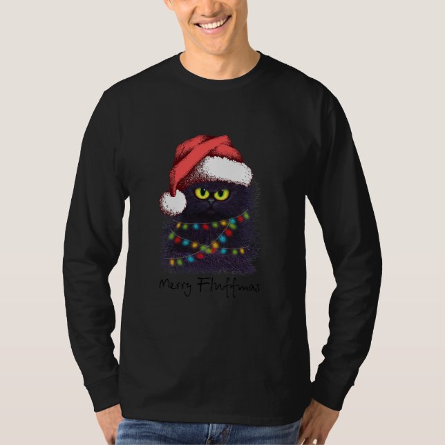 Camiseta Gatos De Fluffmas De feliz Com Luzes De Natal (Frente)