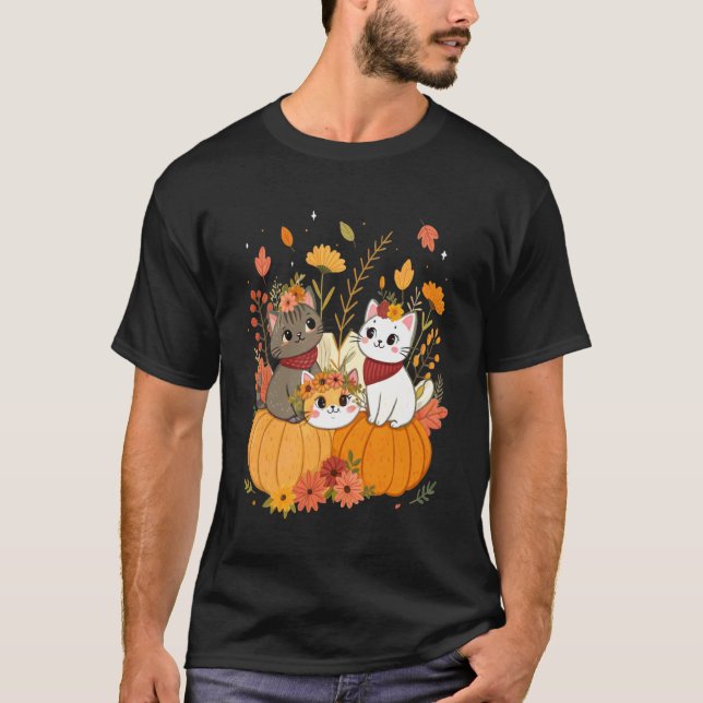 Camiseta Gatos de Halloween Fofos com Abóboras Retro & Flor (Frente)