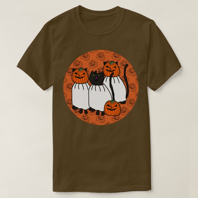 Camiseta Gatos de horror nos trajes de abóbora no Halloween (Frente do Design)