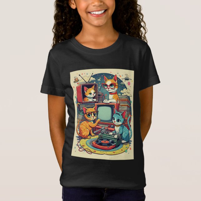 Camiseta Gatos de Meados do Século com Discos e TV Retrô (Frente)