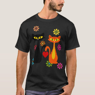 Camiseta Gatos De Meio século Negro E Laranja Apaixonados