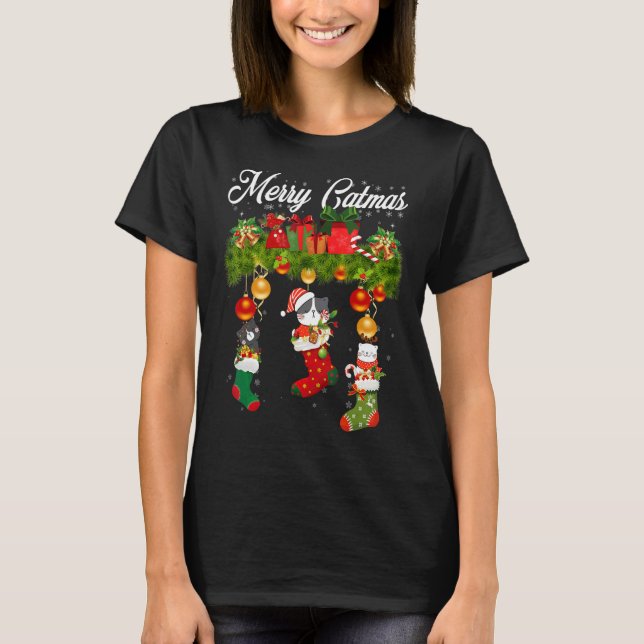 Camiseta Gatos De Natal De feliz Em Gatos De Gato De Meias (Frente)