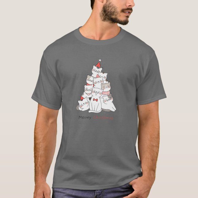 Camiseta Gatos de Natal Engraçados - Compatível com a Famíl (Frente)