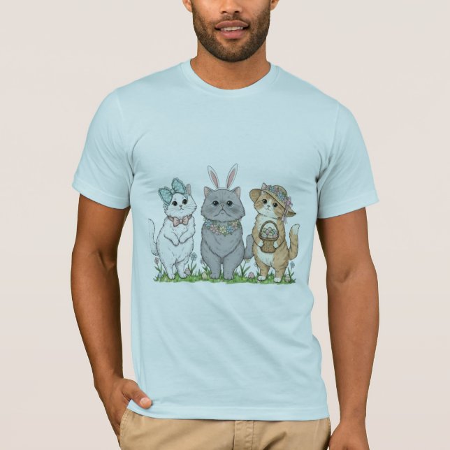 Camiseta Gatos de Páscoa Fofos com Orelhas de Coelho, Flore (Frente)