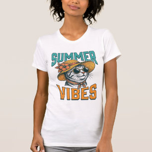 Camiseta Gatos de Vibrações de Verão Desenho de Gravura Vin
