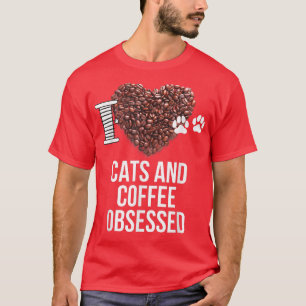 Camiseta Gatos e Café Obcecados Eu Amo Gatos e Eu Coração C