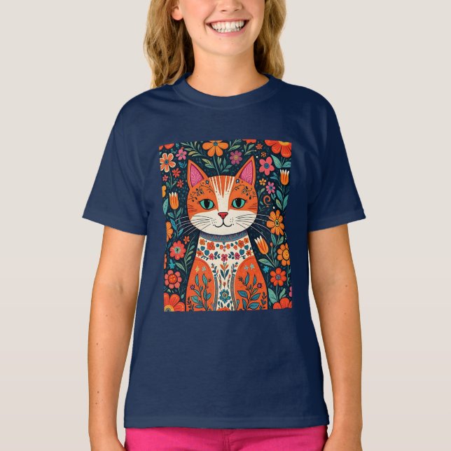 Camiseta Gatos e Flores de Arte Folical Whimsical (Frente)