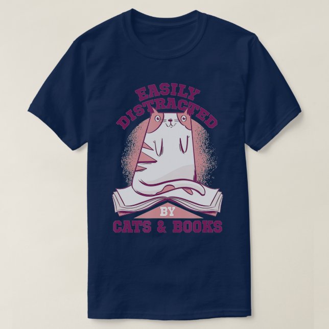 Camiseta Gatos E Livros, Amante De Gatos, Fácil De Distrair (Frente do Design)