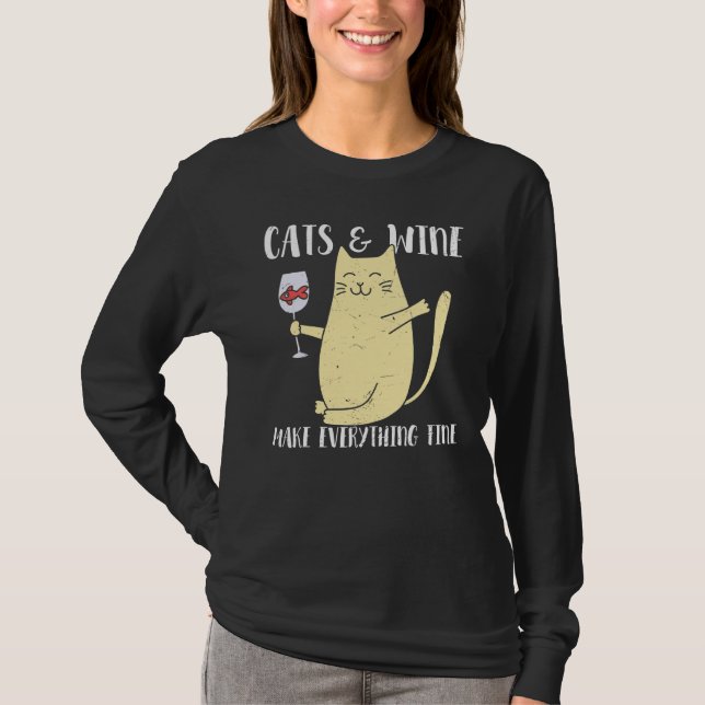 Camiseta Gatos E Vinho Tornam Tudo Bem Gráfico Superior (Frente)