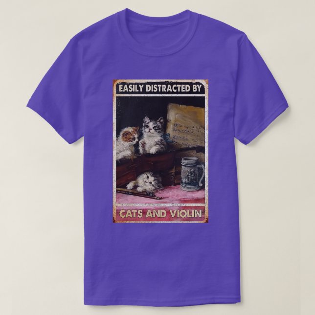Camiseta Gatos e violino facilmente distraídos por gatos e  (Frente do Design)