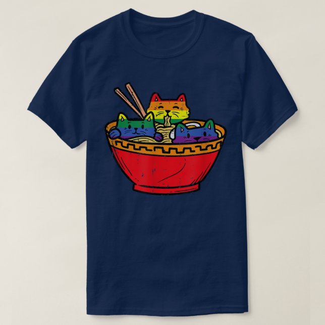 Camiseta Gatos em Ramen Anime Comida LGBTQ Sinalizador Arco (Frente do Design)