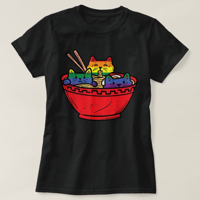 Camiseta Gatos em Ramen Anime Comida LGBTQ Sinalizador Arco (Frente do Design)