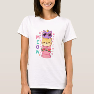 Camiseta Gatos Empilhados Óculos Meow Fofo Kawaii