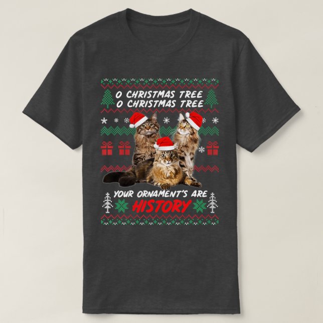 Camiseta Gatos Engraçado de Natal Ornaços Engraçados Maine  (Frente do Design)