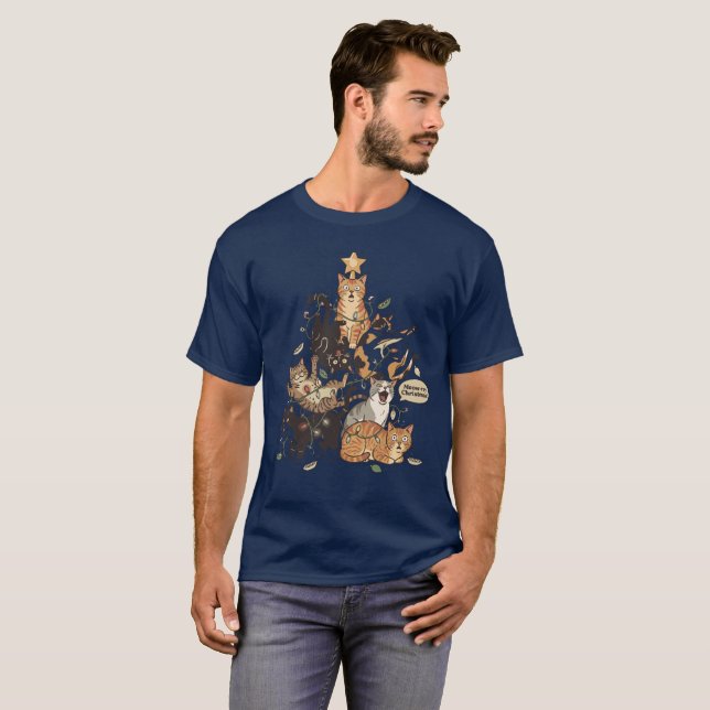 Camiseta Gatos Engraçados Árvore de Natal Luzes Emaranhadas (Frente Completa)